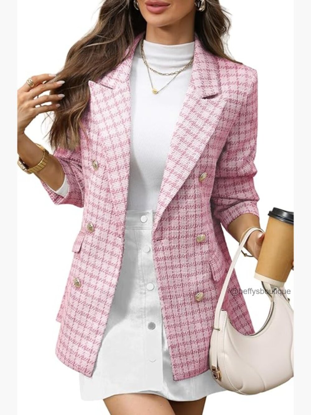 Oversized Plaid Tweed Blazer Double Breasted Boyfriend Style Jacket - Picture 1 of 7